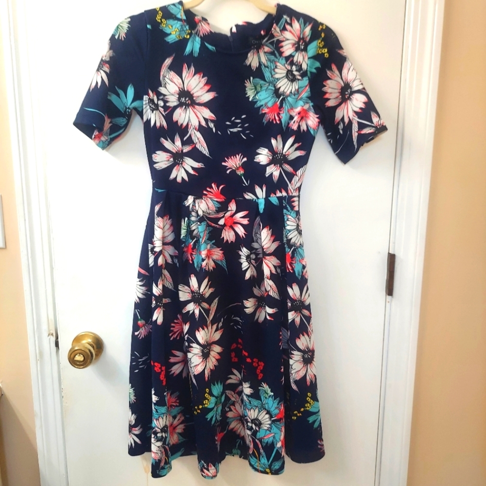 Beautiful Floral Pleated Dress - Navy and Multicolor
